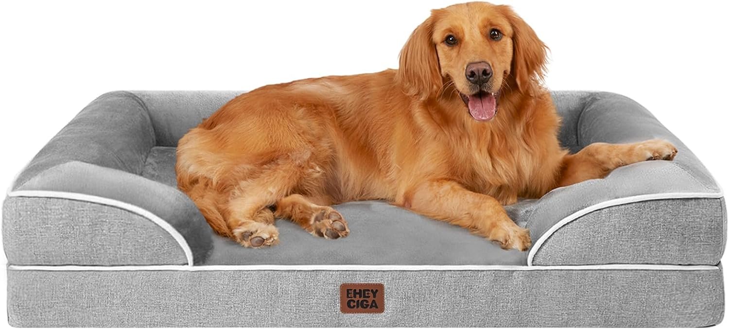 EHEYCIGA Orthopedic Dog Beds Large Sized Dog, Waterproof Memory Foam Pet Bed with Sides, Non-Slip Bottom Large Pet Bed with Washable Removable Cover, Grey