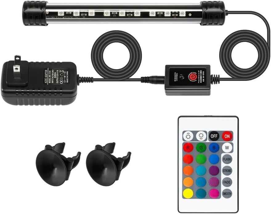 LED Aquarium Light with IP68 Waterproof and Memory Function Submersible Fish Tank Light with Remote and 16 Colors 7.5 Inches Brightness Adjustable Underwater Light Bar for Fish Tank Aquarium