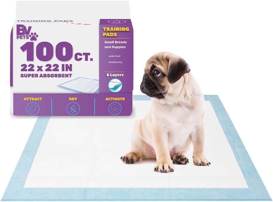 BV Puppy Pads Leak-Proof 100 Count 22″x 22″ – Absorbent Pee Pads for Dogs with 6-Layer Design, Rapid Dry Sheet & Built-in Attractant – Dog Pad with Odor Control, Perfect for Puppies & Senior Dogs