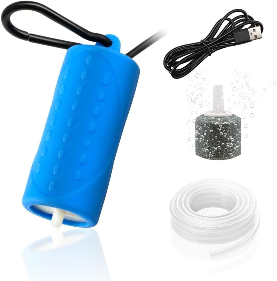 USB Mini Aquarium Air Pump Ultra Quiet Fish Tank Air Pump with Black Hanging Clasp Portable Aquarium Oxygen Aerator Pump Includes Fish Tank Airline Tubing and Air Stone(1W/2W/3W)
