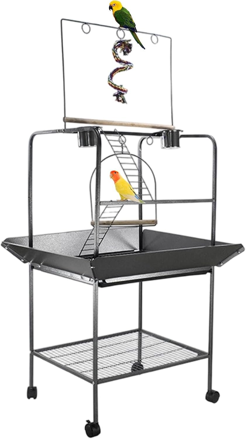 Bird Stand with Wheels, Parrot Stand with Perches, 62 Inch Height Birdcage Playstand Activity Play Center w/Perches and Ladders, Indoor Outdoor Playground for Parakeet Cockatiels Black