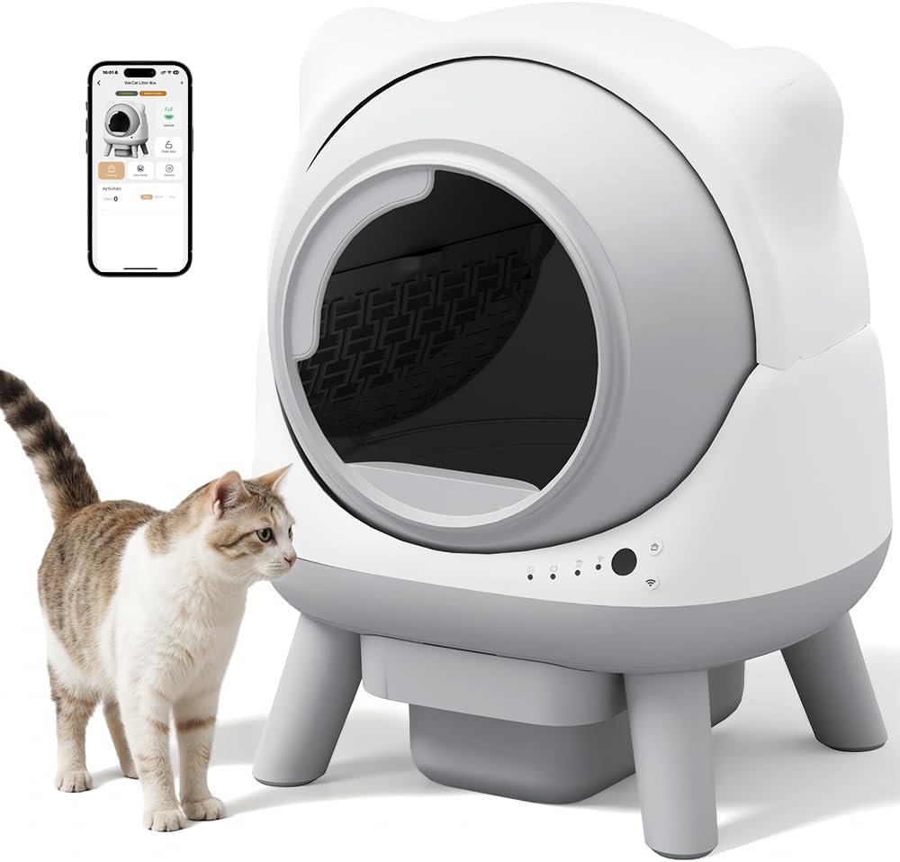 Greesum Smart Self-Cleaning Litter Box with App Control and Safety Sensor |Ideal for Multi-Cat Households | Health Monitoring Features, Set Includes Leak-Proof Mat and Litter Bags
