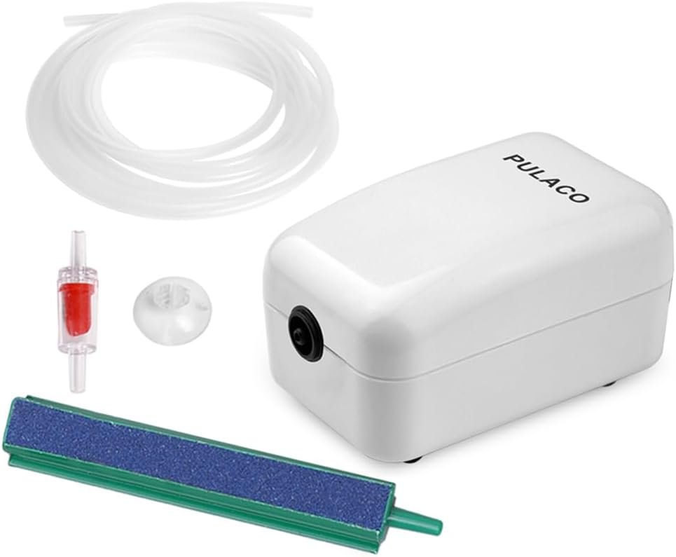 PULACO Ultra Quiet Mini Aquarium Fish Tank Air Pump for 1-20 Gallon Fish Bowl with Air Tube Air Bubbler Stone Check Valve