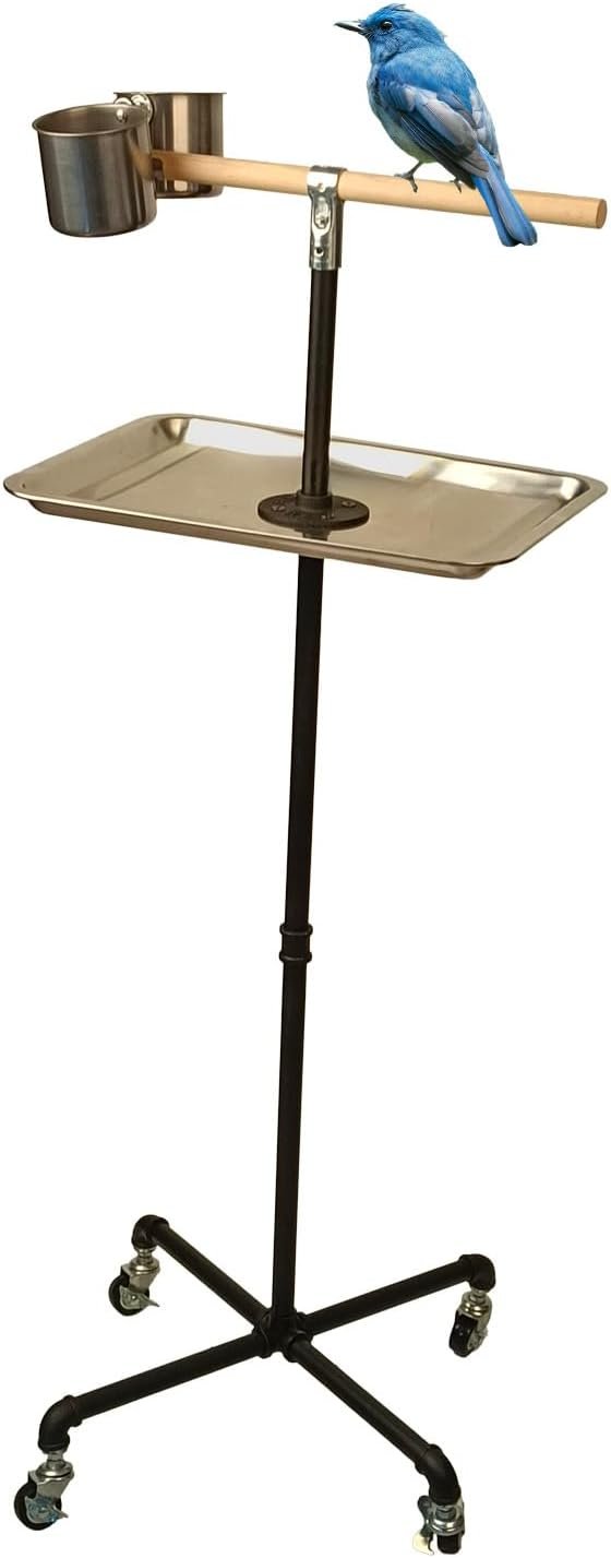 Stainless Steel Tray Bowls Bird Perch Stand,with Wheels Parrot Stand,Parrot Perch Stand 2 Stainless Steel Cups,Bird Play Stand for Indoor Outdoor(Black