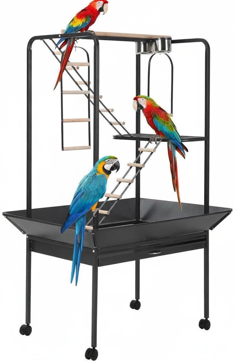 Garvee 64” H Inch Birdcage Stand Play Center with Perches and Ladders, Indoor Outdoor Playground for Birds, Bird Playstand w/Rotated Ring Removable Tray, Lockable Caster, for Macaw and Parakeet