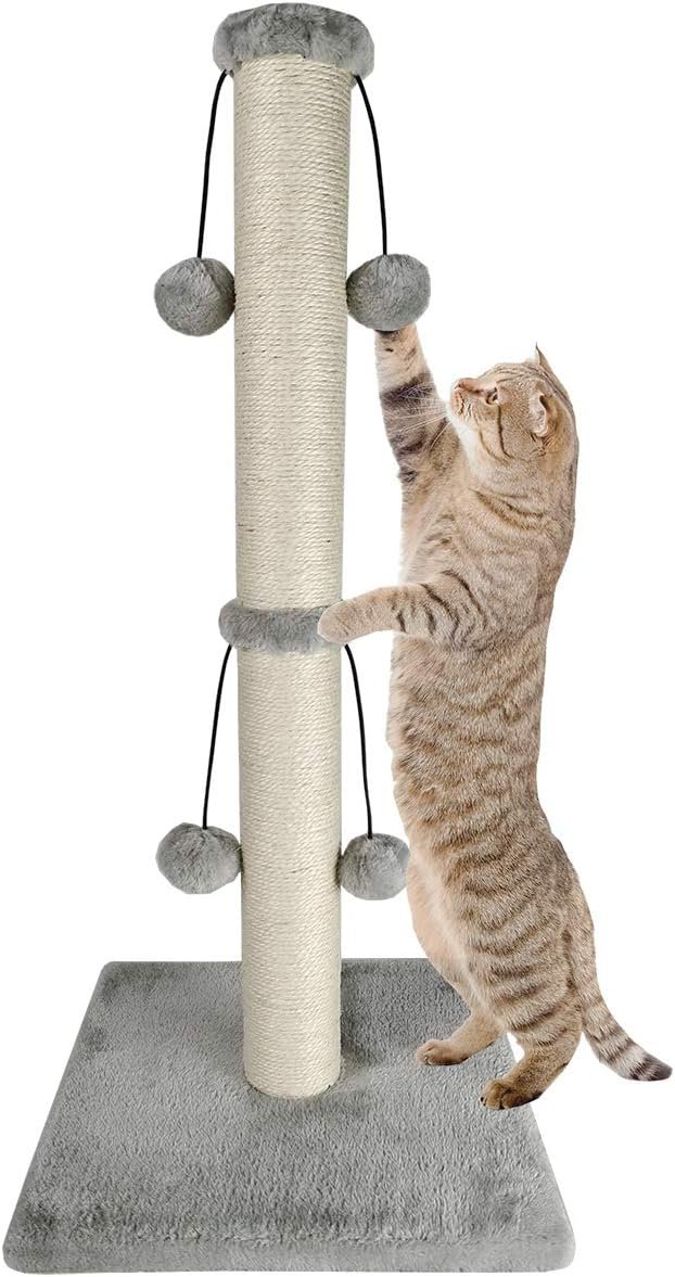 Dimaka 29” Cat Scratching Post, Natural Sisal Rope Scratcher Post, Kitten Claw Scratch with 4 DanglingToy Balls for Large Cats (Grey)