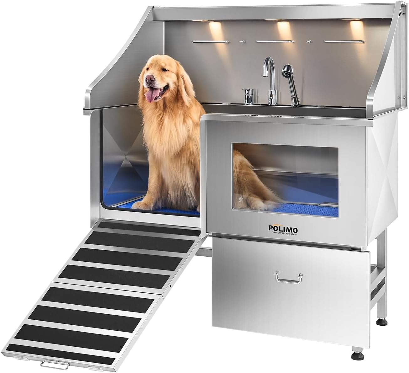 POLIMO Dog Washing Station, LED Professional Stainless Steel Dog Bathing Station 50″, Dog Grooming Tub for Large, Medium & Small Dog – with Window, Ramp, Drawer, Floor Grate & Faucet (Left Ramp, 50″)