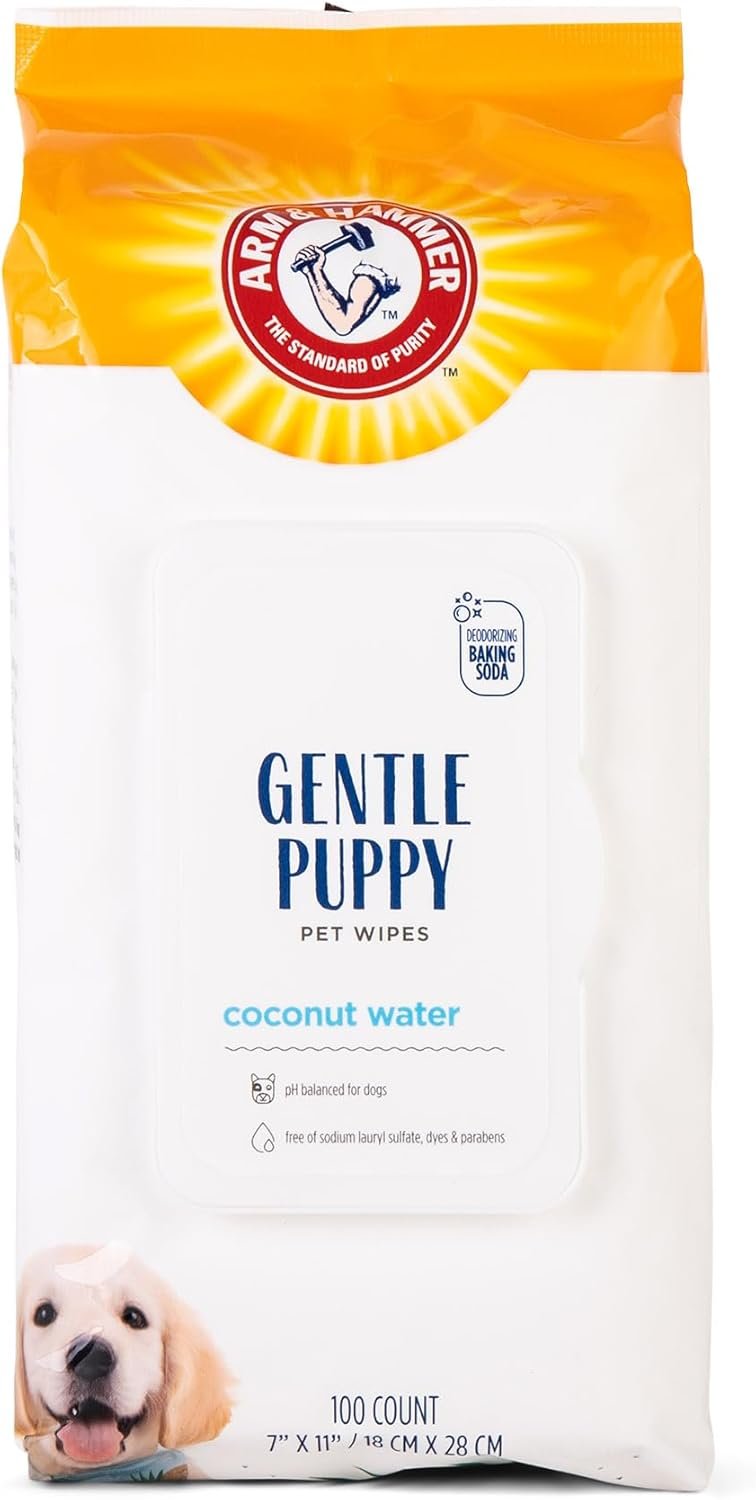Arm & Hammer Dog Grooming Wipes, Deodorizing Dog Cleaning Wipes with Coconut Water, Gentle for Dogs and Puppies, Paraben and Sulfate Free Formula, Light Coconut Scent, 100 Count