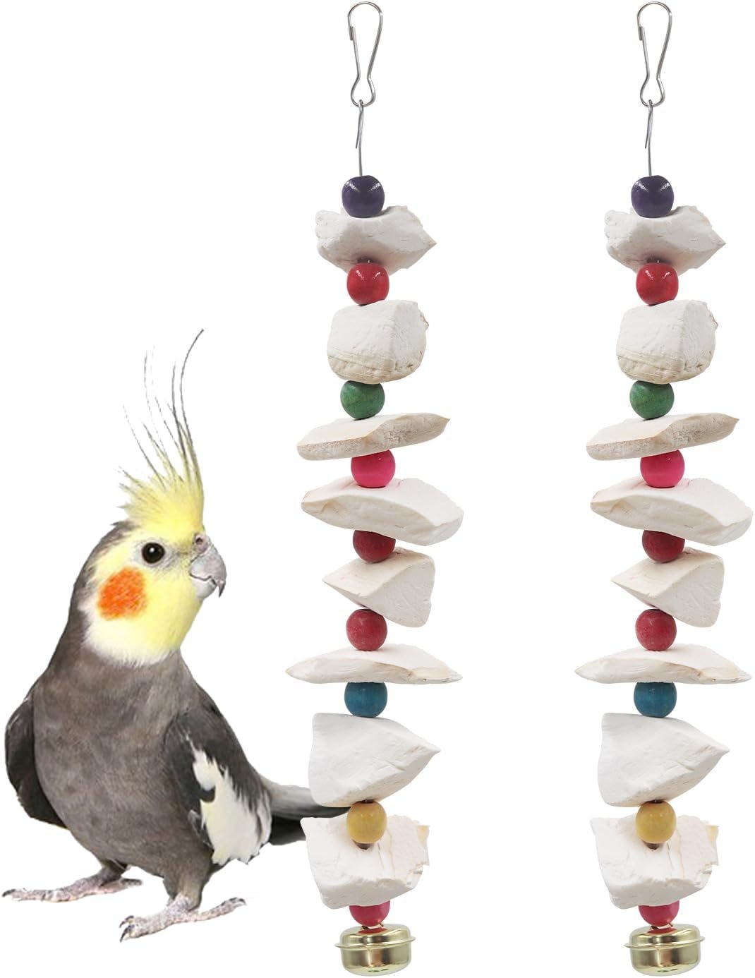 2 Pack Bird Toys with Cuttlebone, Parakeet Toys, Bird Beak Grinding Stone, Cage Accessories for Parakeets, Cuttlefish Bone for Budgies, Cockatiels, Lovebirds, Quakers, Small to Medium