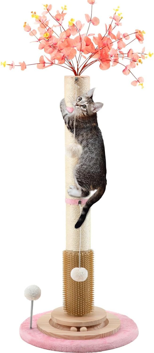 45” Tall Cat Scratching Post,3.5Inch Diameter Sisal Rope Scratching Post for Indoor Cats Adults Kittens,Cat Scratcher with Interactive Ball Toys Self Groomer Brush for Large Cats (pink-45inch)