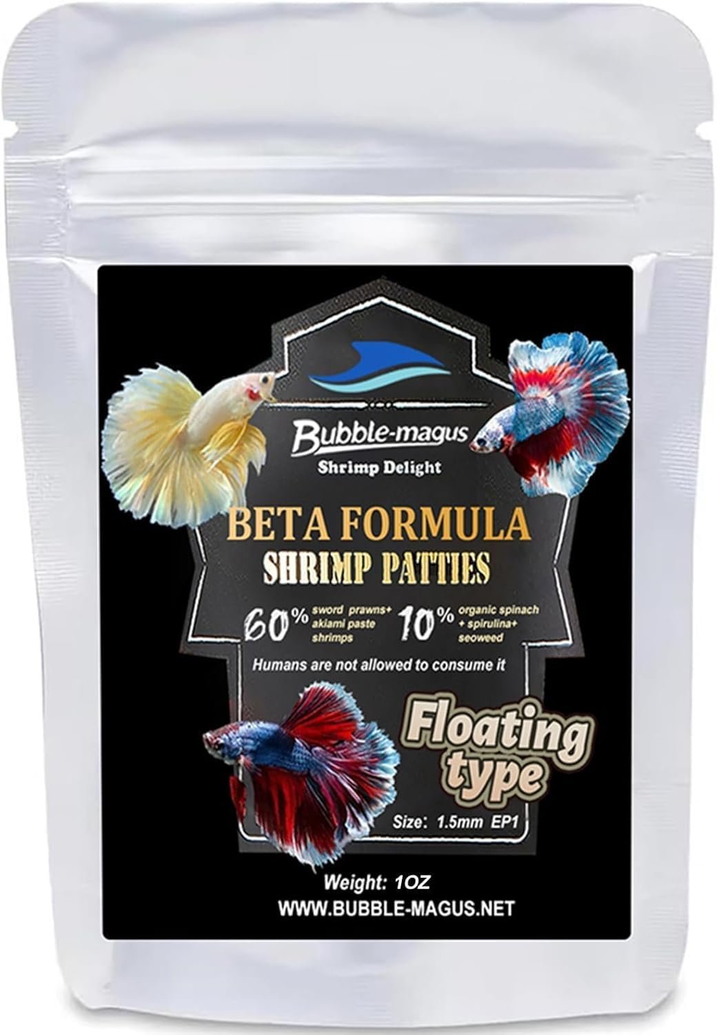 Bubble Magus Fish Food, Betta Fish Food, Contains 60% Shrimp Meat+10% Aquatic Algae All Natural Protein, Rich in Calcium, for Betta’s Healthy Development and Cleaner Water (1 Pack, 1oz)