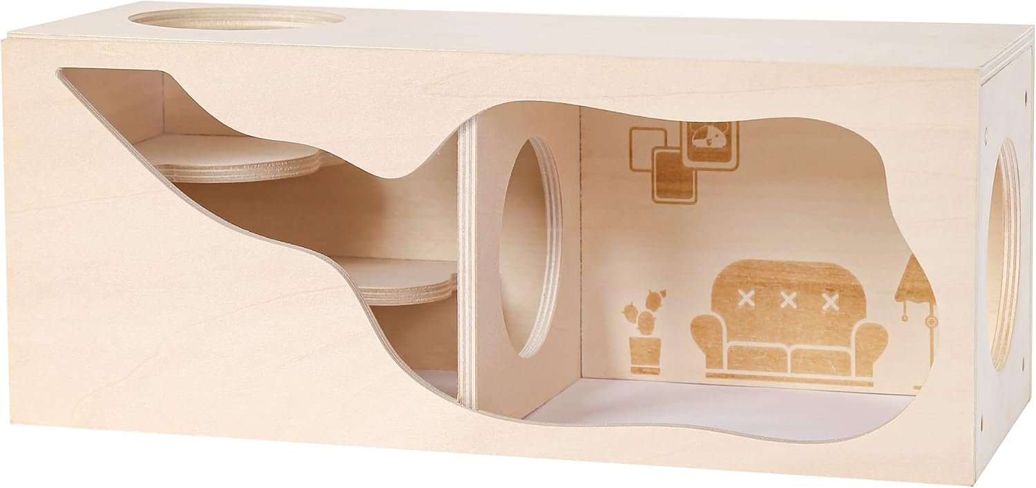 Hamster Hideout Wooden House Chamber Small Animals Pets Tunnel Exploring Toys Secret Peep Shed for Dwarf Hamsters, Syrian Hamsters, Gerbils, Hedgehogs, Rats, Mice (Living Room)