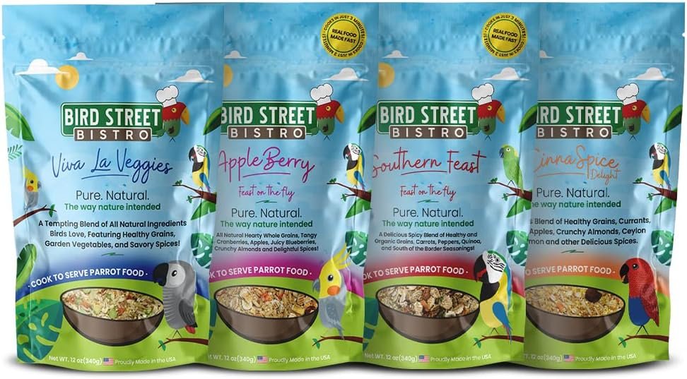 Bird Street Bistro Parrot Food – Parakeet & Cockatiel Food – Cooks in 3-15 min with Natural Wholesome Grains, Legumes, Non-GMO Fruits, Vegetables & Health Spices
