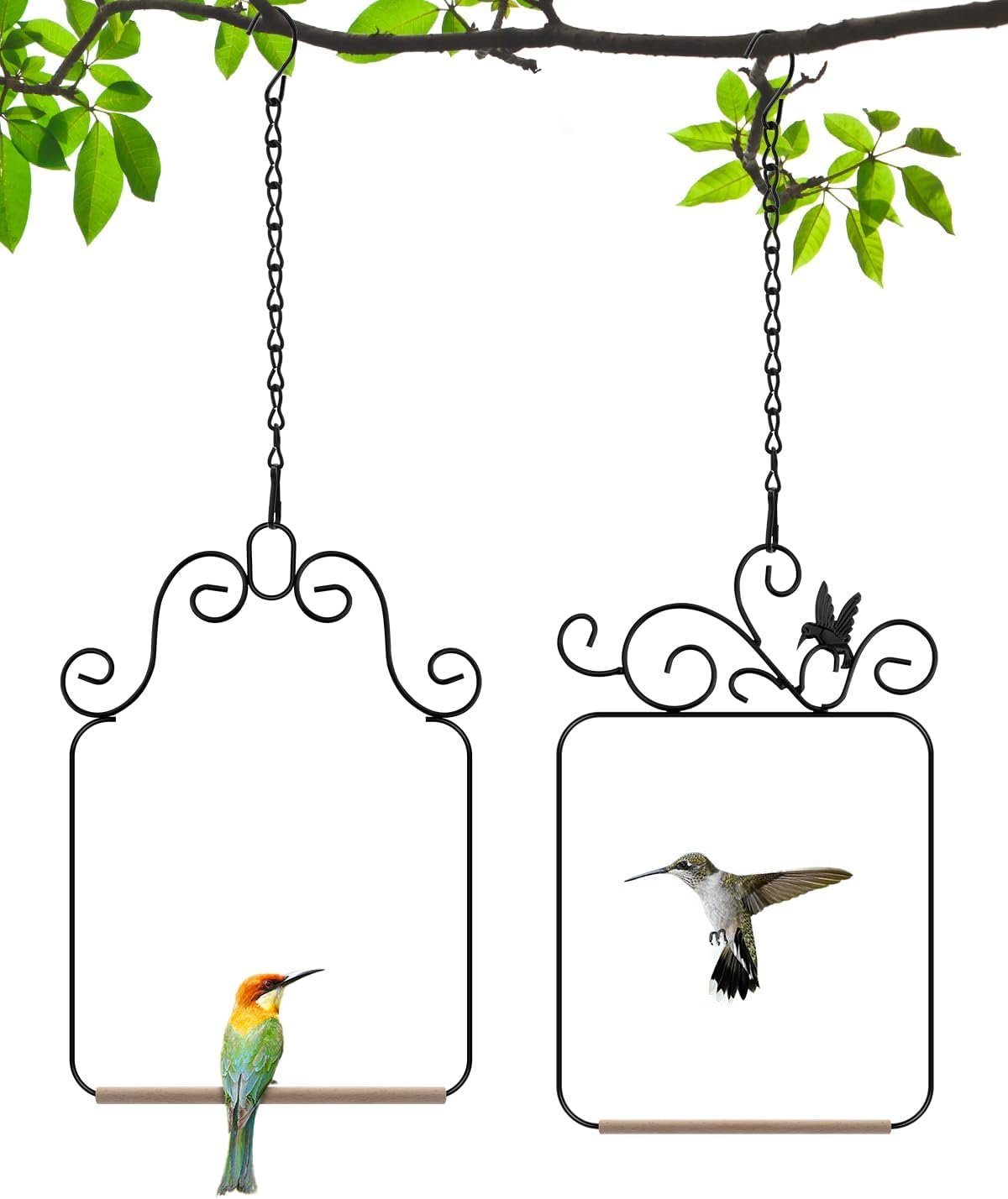 PACETAP Hummingbird Swings and Perches Metal Frame 2 Pack, Wild Bird Swing Outdoor Bird Perch with Wooden Dowel and 2 Hanging Chain for Hanging Indoor, Outdoor, Trunk, Lawn, Patio, Garden (Black)