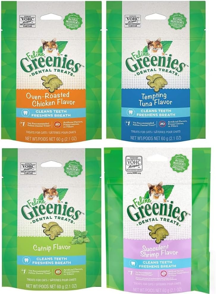 Greenies (4 Pack Feline Dental Cat Treat Variety Bundle 4 Flavors – 2.1oz Each Bag