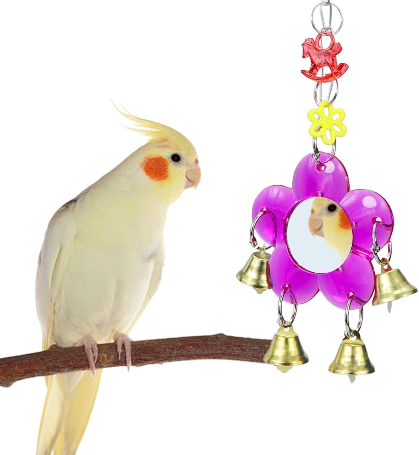 Bird Mirror Toy Hanging Ringer Bell Colorful Swing Cage Toy with Sweet Sound for Small Medium Parrot Parakeet Conure Cockatiel Cockatoo Macaw Amazon Finch Cage Accessories