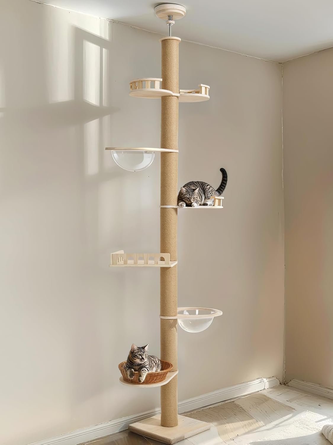Veehoo Floor to Ceiling Cat Tree Height(106-123 Inch) Adjustable, Sturdy Tall Cat Tree with 4.3″ Thickened Scratching Posts, Floor to Ceiling Cat Tower for Indoor Cats