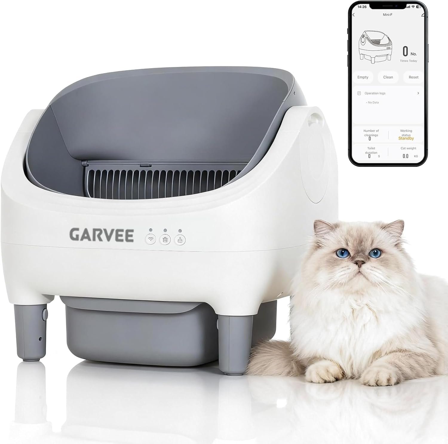 Garvee Self Cleaning Litter Box, Open-Top Automatic Cat Litter Box with APP Control, Odor-Free Waste Disposal Includes Trash Bags, 10.5L Large Waste Bin, for Multiple Cats, White/Grey