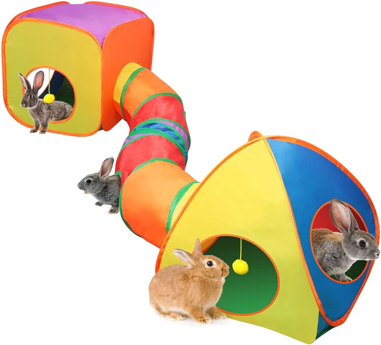 YUEPET Rabbit Tunnel and Cube Collapsible Tent Bunny Interactive Crinkle Tunnel Toys Small Animal Hideout with Play Ball for Dwarf Rabbit Bunny Guinea Pig (Rainbow)