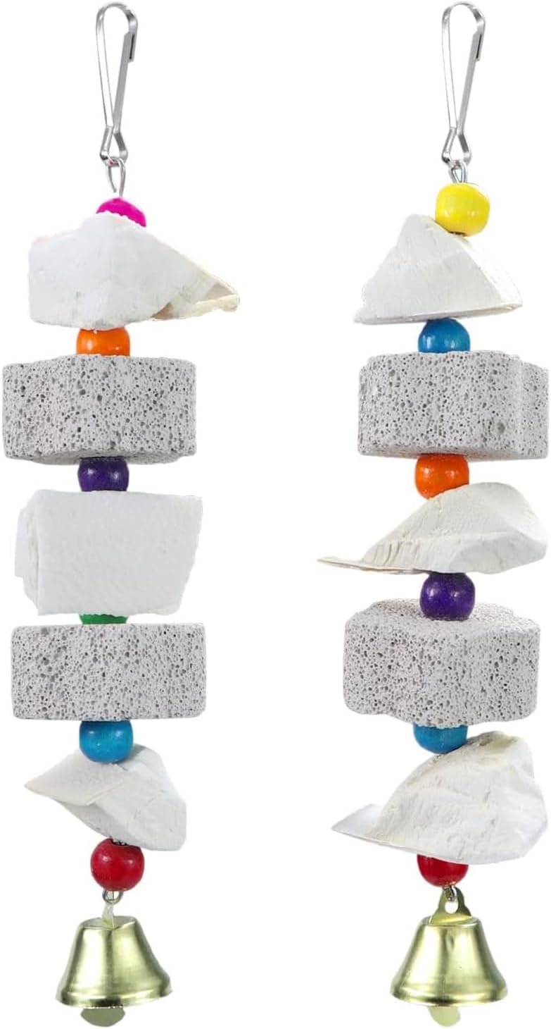 2Pcs Bird Beak Trim Cuttlebone Calcium Stone Lava Block Chew Toy Grinding Teeth Natural Minerals with Bell for Parakeet Conure Lovebird Cockatiel Finch Canary Hamster Chinchilla Rabbit