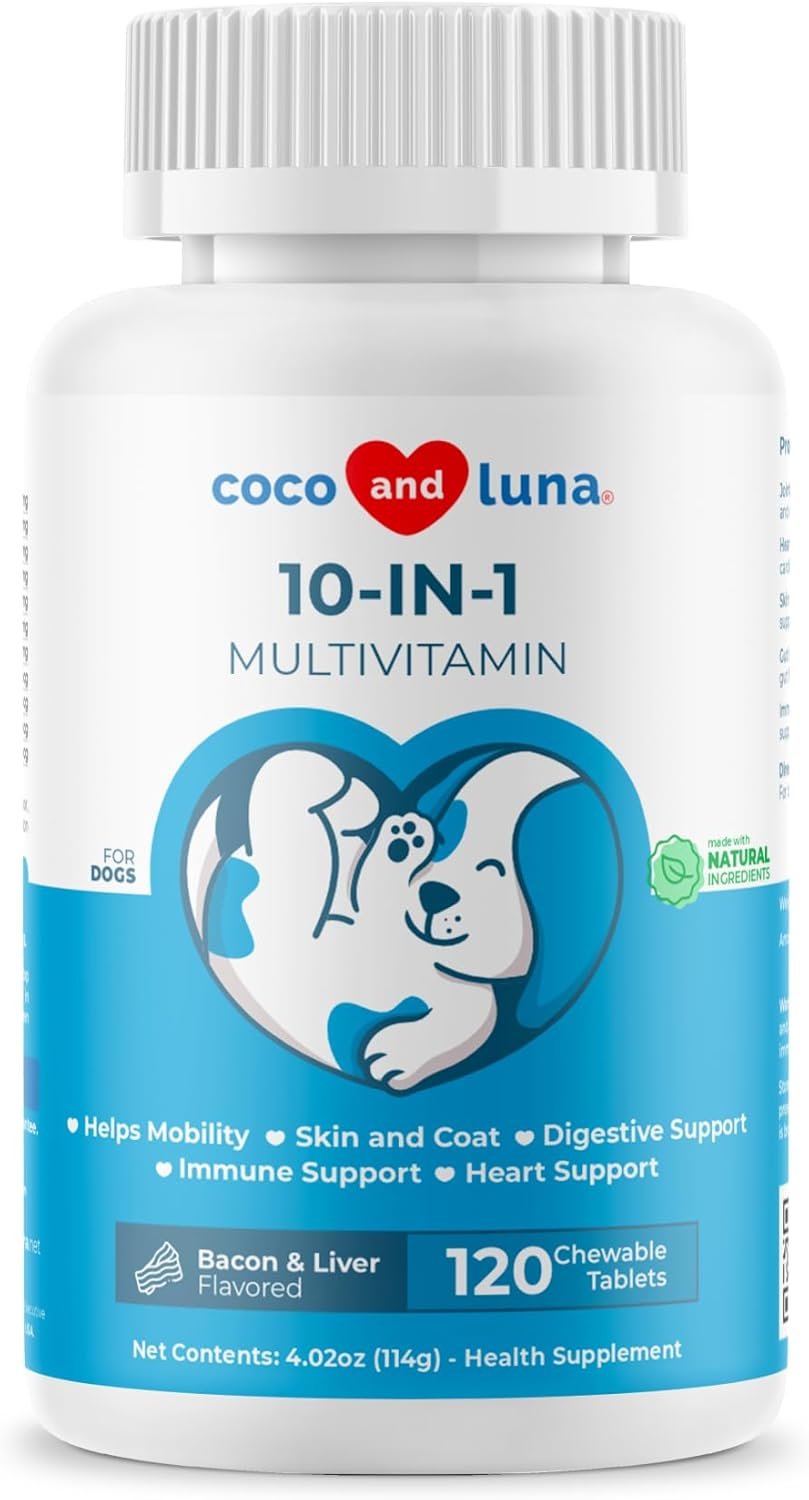 Multivitamin for Dogs – 120 Chewable Tablets with Glucosamine and Chondroitin – Fish Oil & Vitamins with Coq10 for Skin & Heart Health, Gut & Immune Support