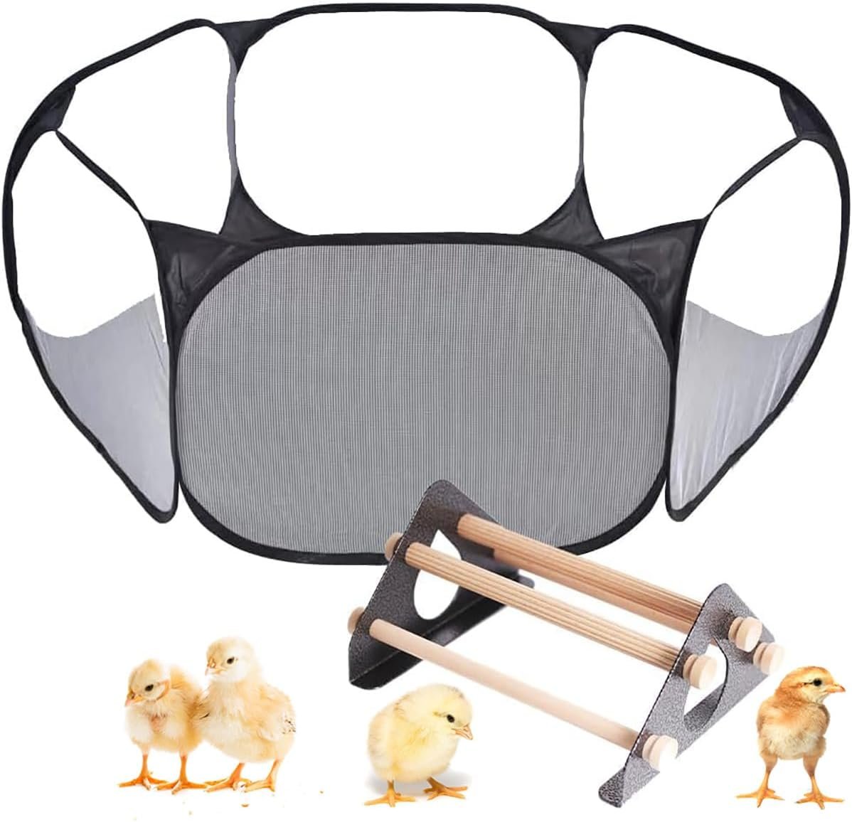 Baby Chick Playpen and Perch with Roosting Bars for coop and brooder, Brooder Box for Chick Fence, Portable Small Animals Playpen Cage Tent Black (Black, Chick Playpen + Perch)
