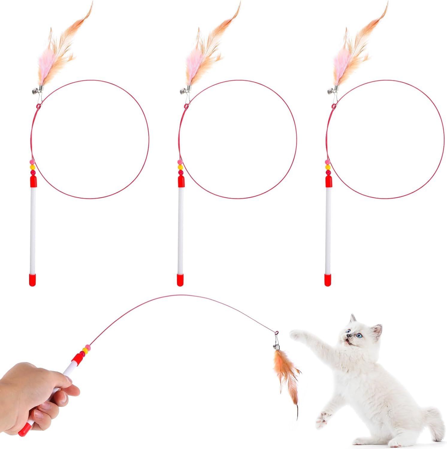 4 Pcs Cat Feather Toys, Cat Toys Wand with Bell Beads Teaser Wire Wand for Cats Chase Exercise Play