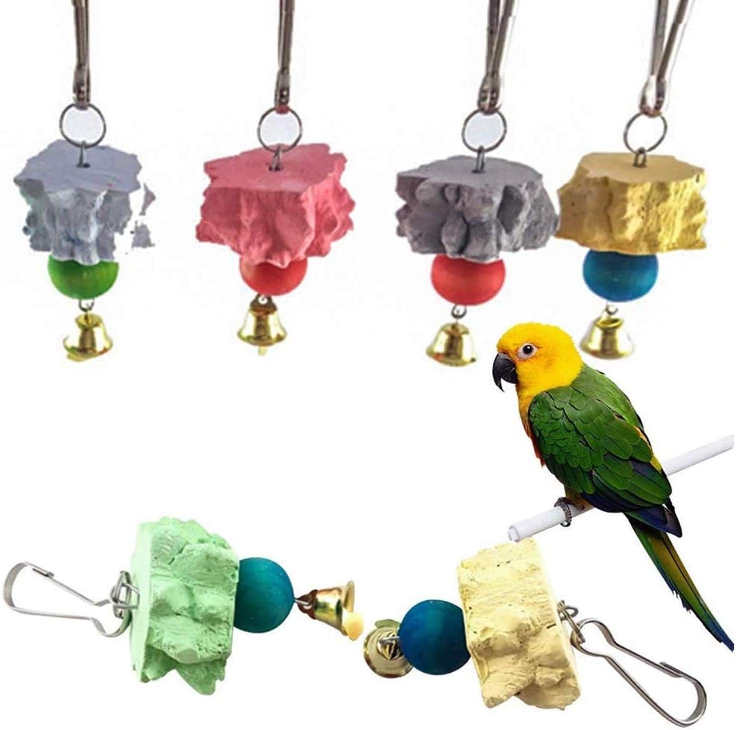 6PCS Bird Grinding Beak Calcium Stone with Bell Rat Mineral Lava Block Trimming Teeth Chewing Toys for Chinchilla Bunny Budgie Cockatiel Parakeet Parrot(Random Delivery of Color)