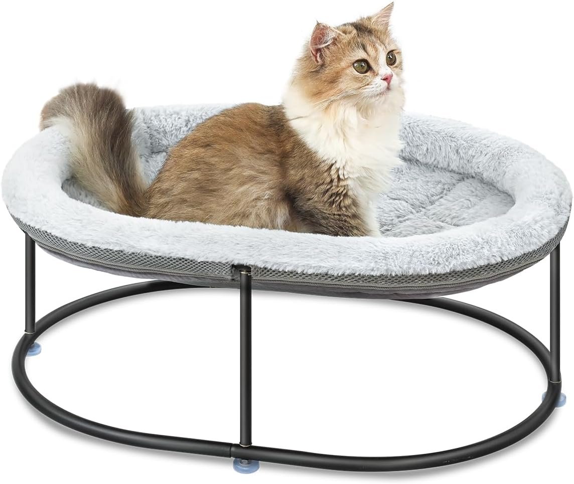 Elevated Cat Hammock Bed for Indoor Cats, Fluffy Warm Cuddle Cats Bed with Detachable Pad Bed Cover, Portable Pet Bed Raised Cuddler for Sleeping Kittens, Small Dog, Oval Cat Hammock Grey