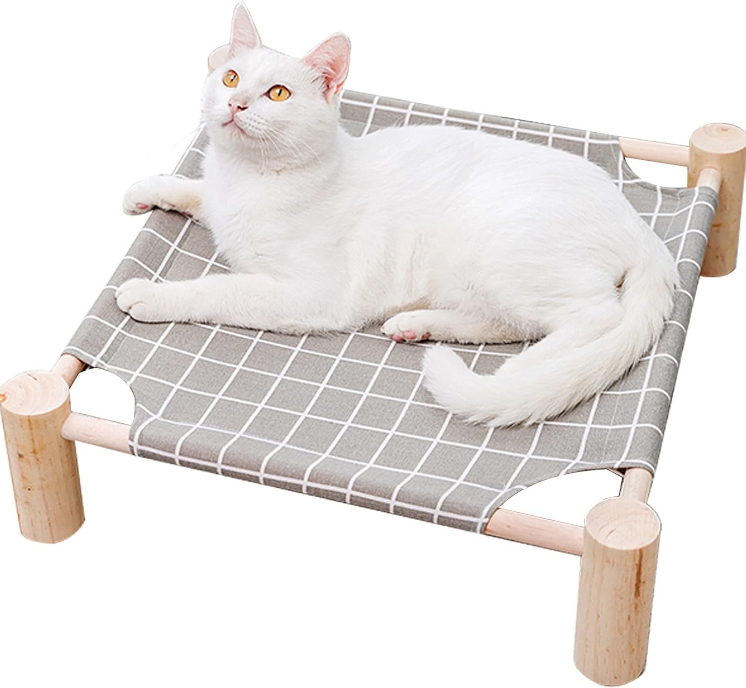 Pozico Elevated Cat Bed for Small Dogs & Cats – Raised Pet Hammock Bed, Wooden Frame Indoor Outdoor Dog Cot, Breathable Mesh Puppy Bed, Portable Cat Lounger – Grey Grid