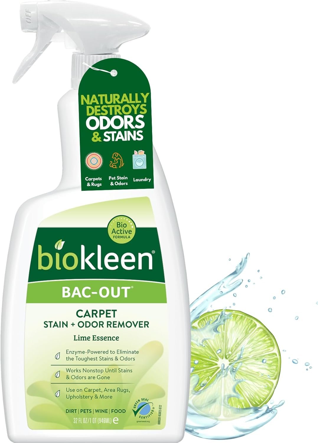 Biokleen Bac-Out Enzyme Cleaner Spray and Stain & Odor Remover for Pet Stains, Laundry, Diapers, Wine, Carpets, & More, Eco-Friendly, Non-Toxic, Lime Scent, 32 Ounces