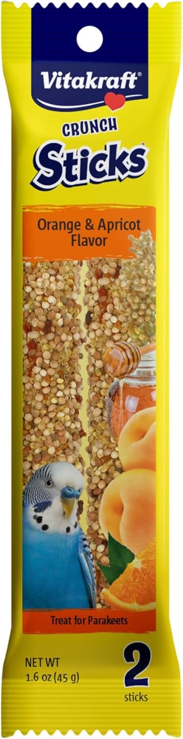 Vitakraft Crunch Sticks Parakeet Treat – 2 Sticks in Orange and Apricot Flavor – Triple Baked with Natural Wood Center – Added Vitamins and Minerals with Cage Clip Holder for Long-Lasting Enrichment