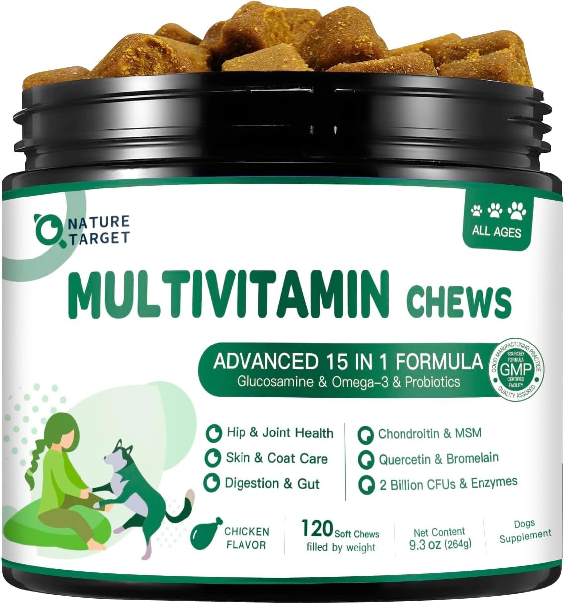 NATURE TARGET Multivitamin for Dogs – with MSM & Glucosamine, Omegas 3 & 6, Probiotics for Digestive Health, Joint Support, Skin & Coat, Immune System & Overall Health 120 Soft Chews