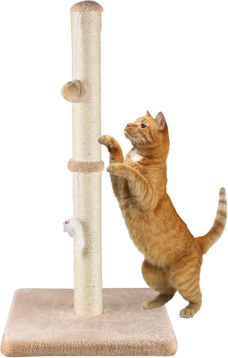 MeowHomm 32” Tall Cat Scratching Posts for Indoor Cats Adults with 2 Hanging Ball, Large Cat Scratch Post Cat Scratcher Includes Sisal Rope(Yellow)