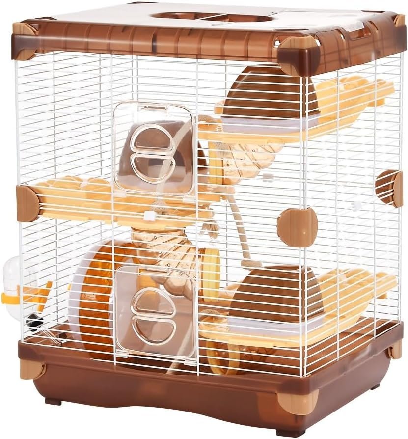 PETZHUBO Hamster Cage Small Animal Cage 3 Layers Cage Size：14.17″(W) X10.63(L) X16.73 (H) Suitable for Hamsters up to 3.5 inch in Length，Brown Colour.