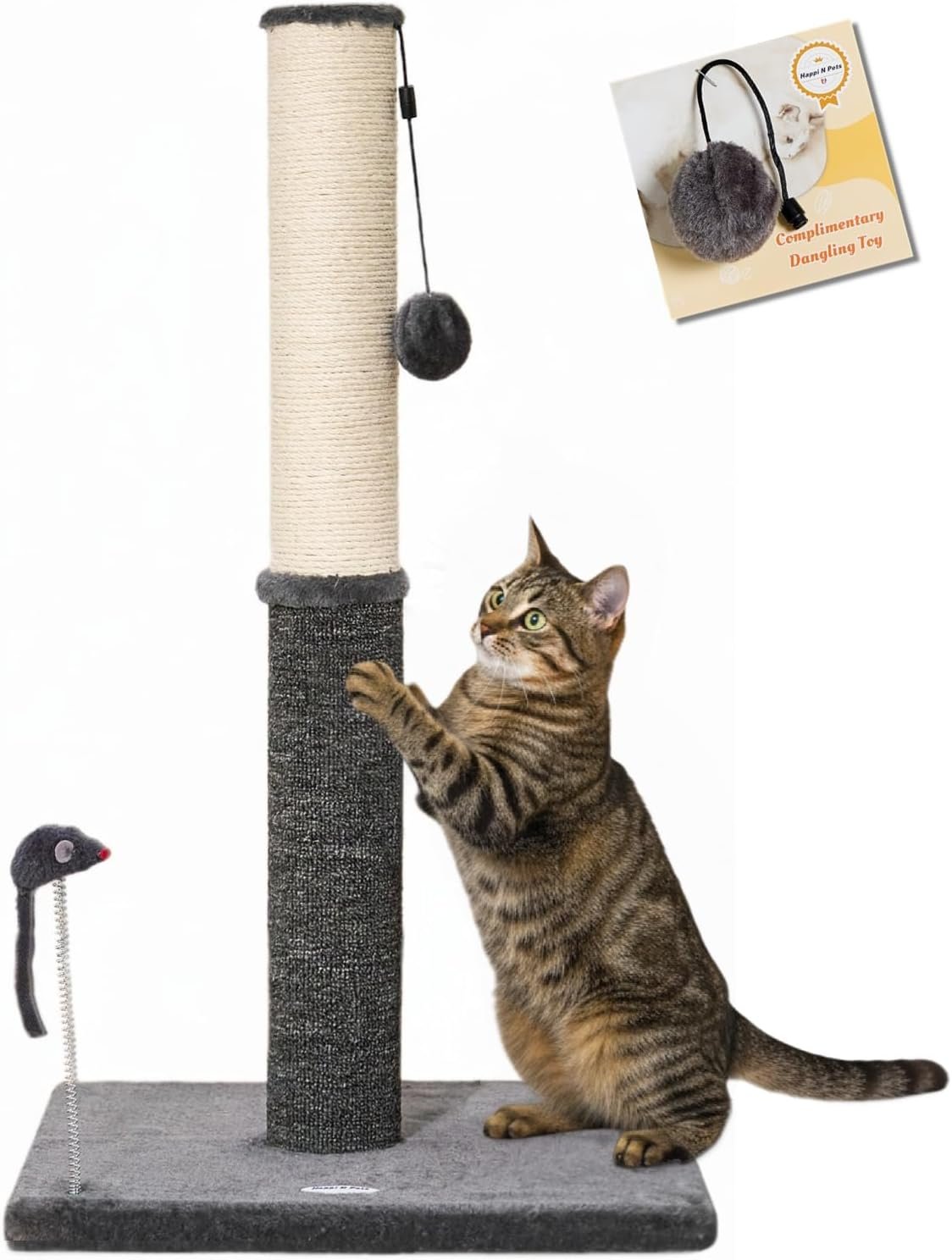 Happi N Pets 29.5″ Tall Cat Scratching Post, Cat Scratcher for Indoor Cats, Sisal Scratch Post & Carpet Post in One, Stable Cat Scratch Post with Two Toys, Extra Free Toy, Smokey Gray
