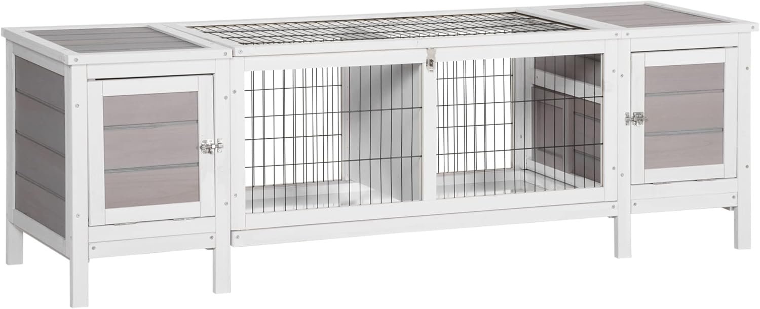 PawHut Rabbit Hutch, Bunny Cage, Guinea Pig House with Pull-Out Tray, and Divided Board for Rabbits, Chickens, Ducks, Indoor, White