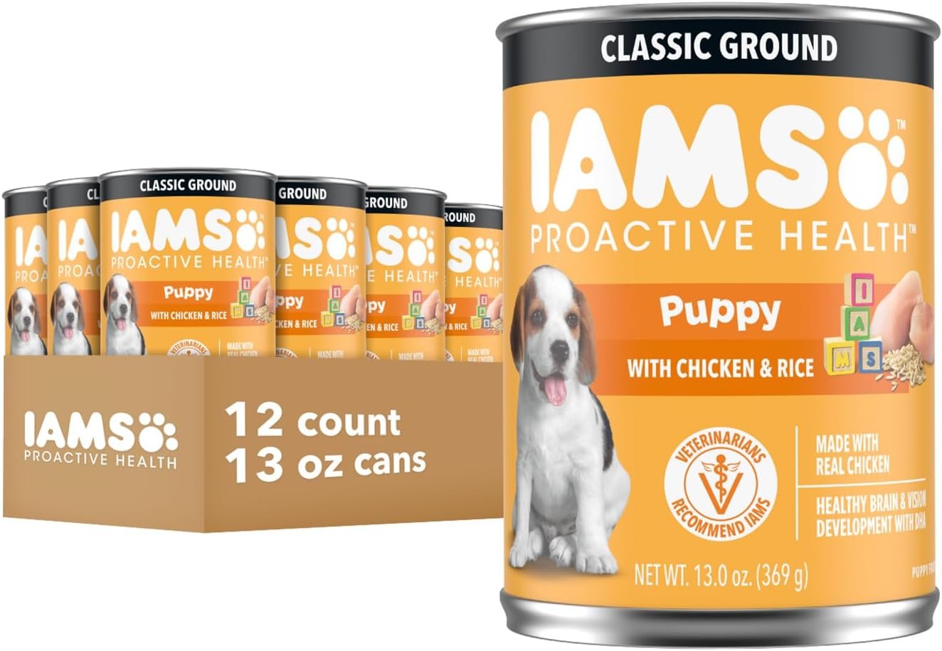 IAMS Proactive Health Puppy Wet Dog Food, Classic Ground Dog Wet Food, with Chicken and Rice, 13 oz. Cans (Pack of 12)