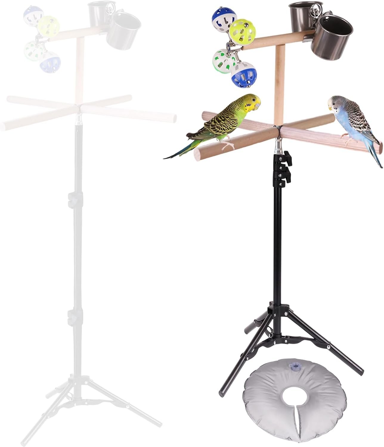 Bird Stand for Inside, Training T-Perch with 15-39 Inch Adjustable Height Tri-pod Base, Parakeet Spinning Perch with Feeding Cups, Water Bag to Add Weight and Stanble Parrot Exercise Stand for Inside