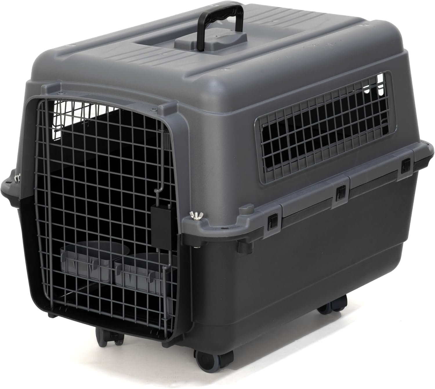SportPet Airline Compliant MEDIUM 24.25″ Travel Dog Kennel-Durable Plastic Airline Pet Carrier w/ Removable Wheels & Food Bowls, Collapsible Indoor/Outdoor Dog Kennel, Dogs up to 23″L & 15″H-Dark Gray