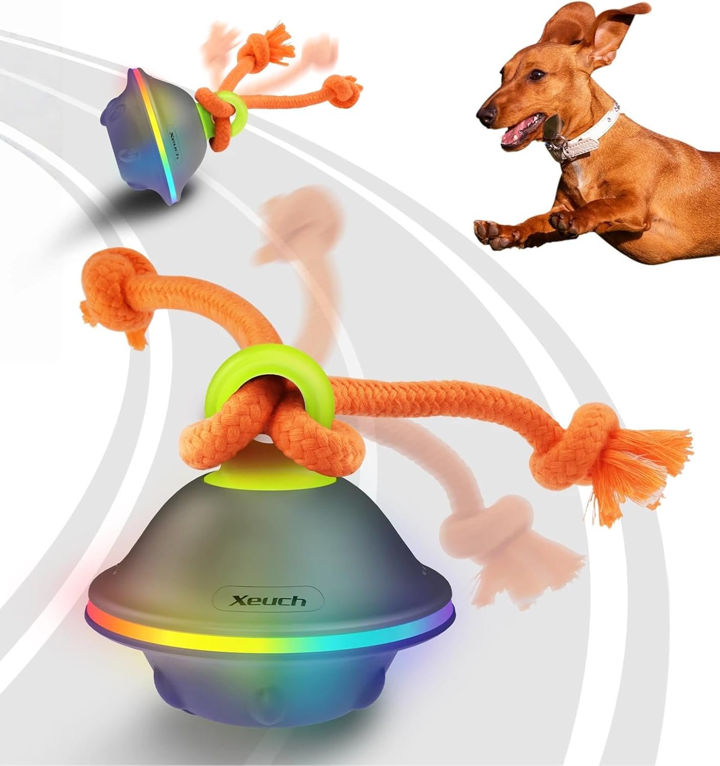 Interactive Dog Toys, Automatic Moving and Rolling LED Light Up Dogs Ball with Rope, Motion-Activated Wicked Ball for Small Medium Pup, Stimulation Toy for Boredom Relief