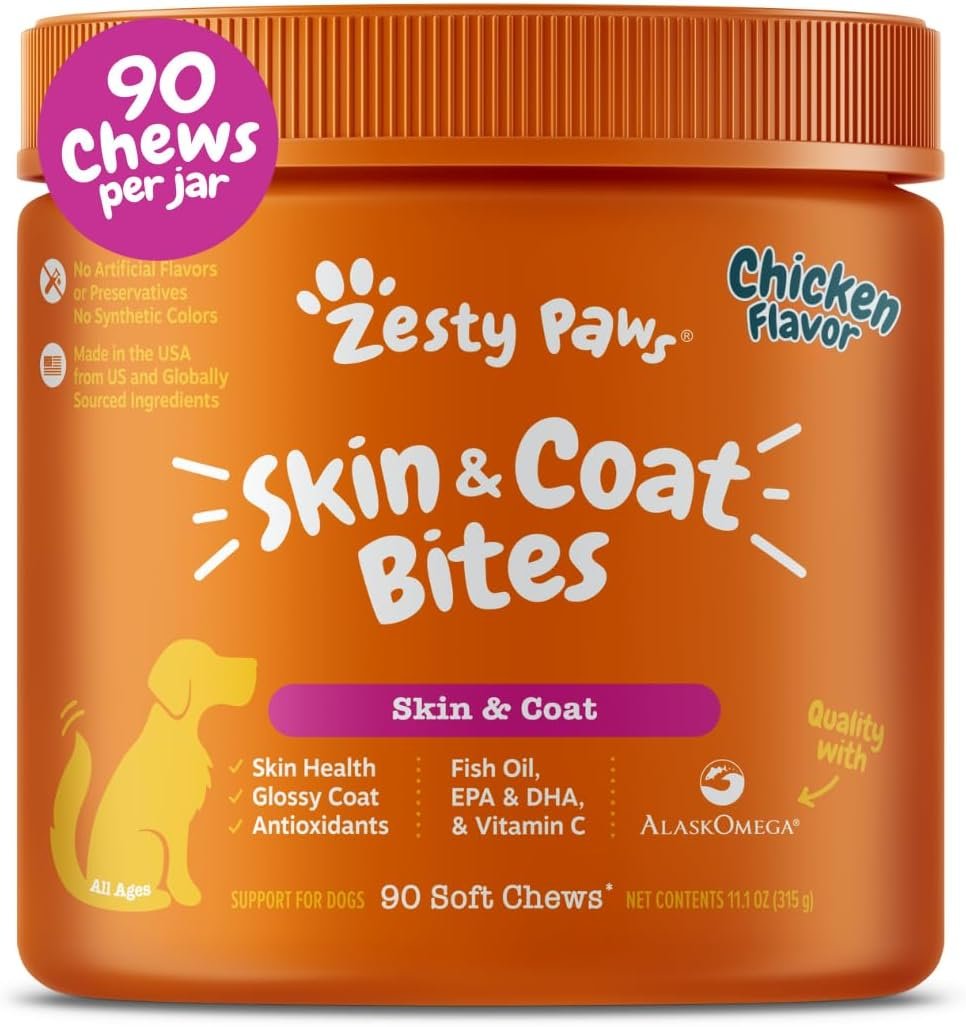 Zesty Paws Omega 3 Alaskan Fish Oil Chew Treats for Dogs – with AlaskOmega for EPA & DHA Fatty Acids – Hip & Joint Support + Skin & Coat Chicken Flavor (90 Soft Chews)