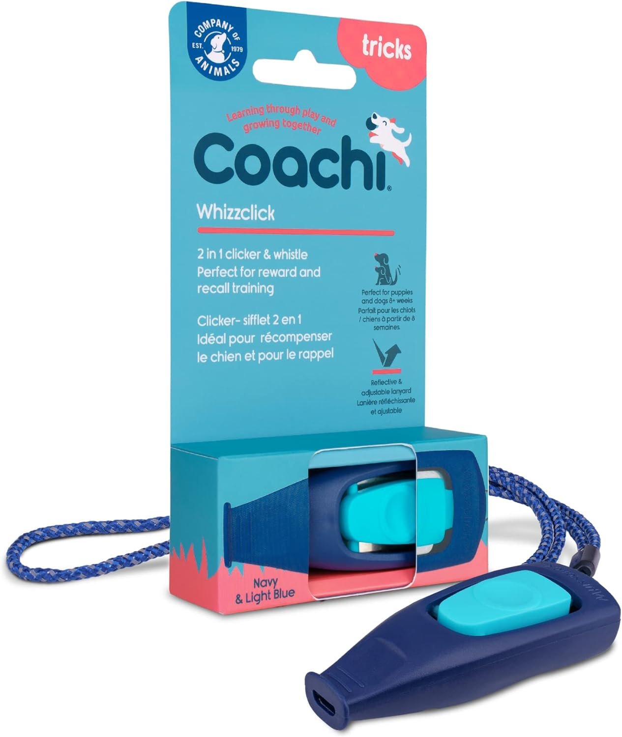 Coachi Whizzclick, 2-in-1 Combined Clicker and Whistle, Dog Training Whistle for Recall and Clicker Training for Rewarding, Adjustable and Reflective Lanyard, Suitable for Dogs and Puppies