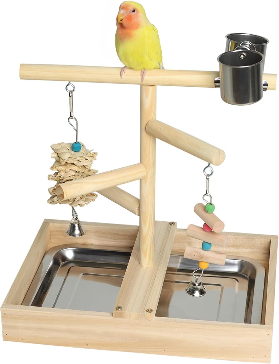 Bird Playground, Natural Wood Bird Play Stand with Stand Perch, Two Toys, Two Food Cups, and Removable Tray, Suitable for Lovebirds, Cockatiels, Budgies, Parakeets, and Other Small Birds