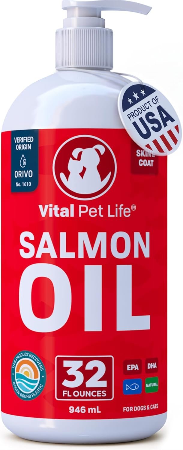 Salmon Oil for Dogs & Cats – Healthy Skin & Coat, Fish Oil, Omega 3 EPA DHA, Liquid Food Supplement for Pets, All Natural, Supports Joint & Bone Health, Natural Allergy & Inflammation Defense, 32 oz