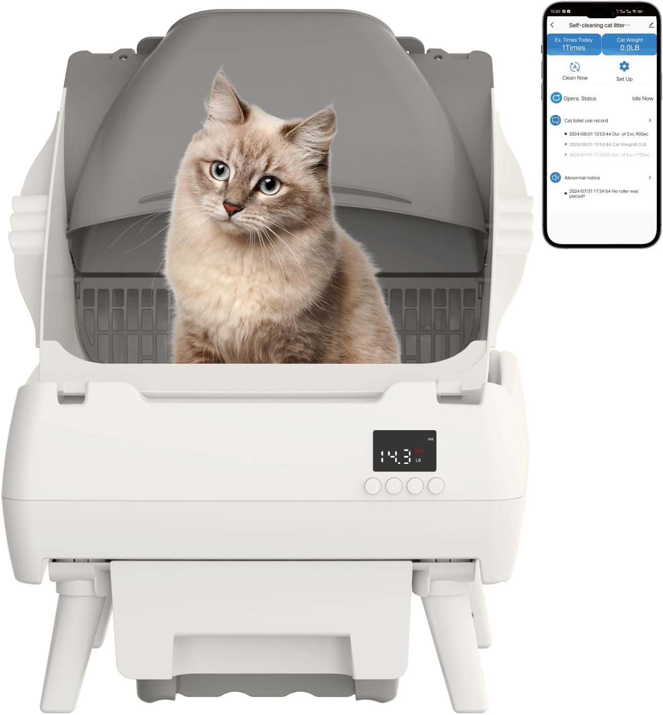 Automatic Cat Litter Box Self Cleaning – App Control, Open-Design, Smart Health Monitor, Suitable for Medium Cats and Kittens, Anti-Pinch Safety, Quiet Operation – White