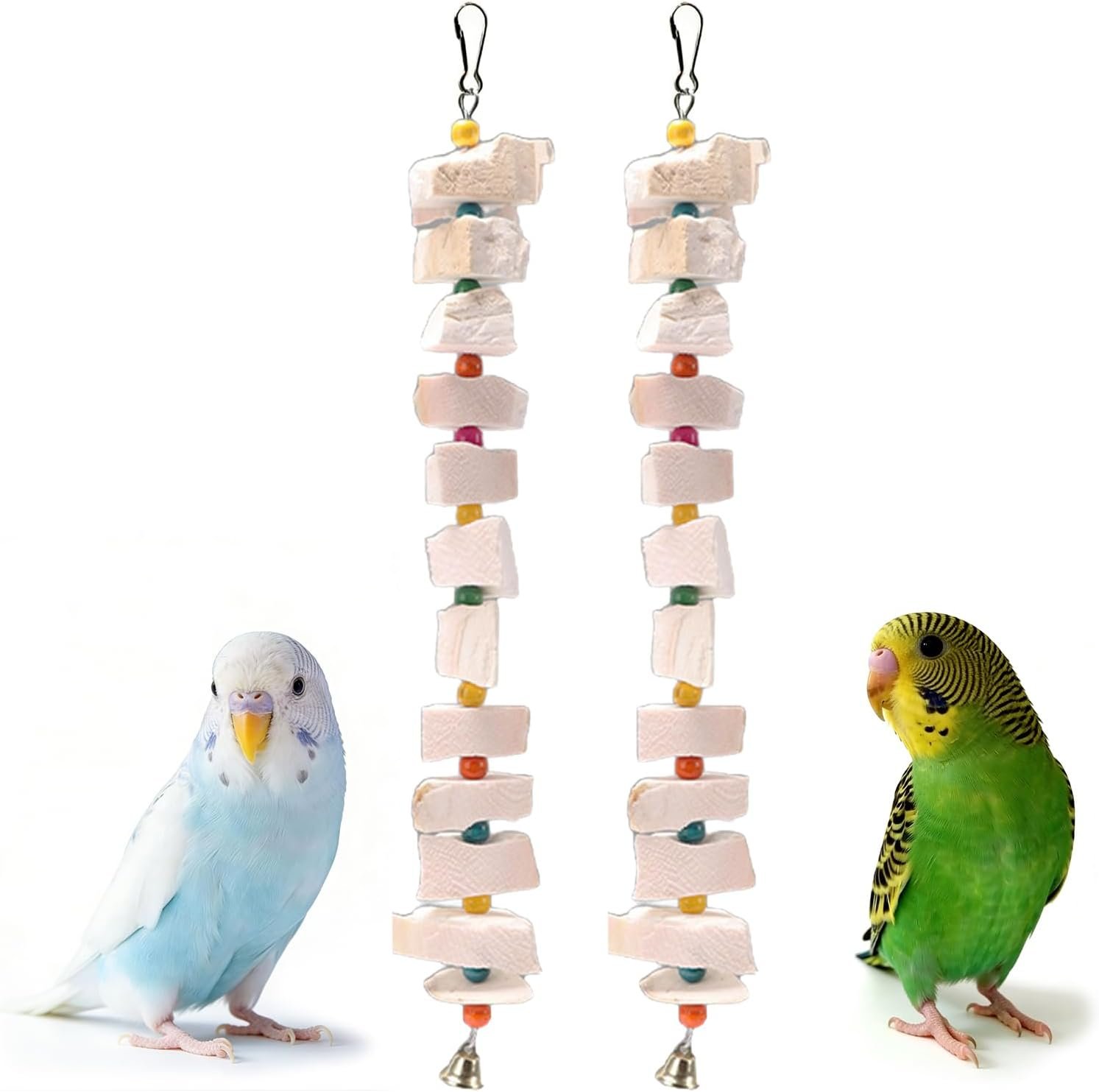 2 Pack Bird Toys, Parakeet Toys with Cuttlebone, Natural Cuttle Bone Bird Beak Grinding Stone & Parrot Chew Cuttlebone Cage Accessories with Bell for Budgie, Conure, Lovebird – 12 Pieces