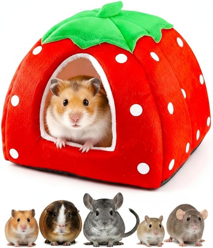 Guinea Pig Bed, Cozy Rabbit Hideout with Warm Fleece Washable Cuddle Cup Winter Sleeping House for Small Pets Strawberry Style