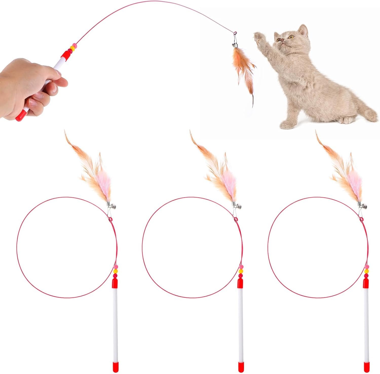 4 Pcs Cat Feather Toys, Cat Feather Wand Toy with Bell Beads Interactive Cats Toys Wand Teaser Wire Wands for Cats Chase Exercise Play