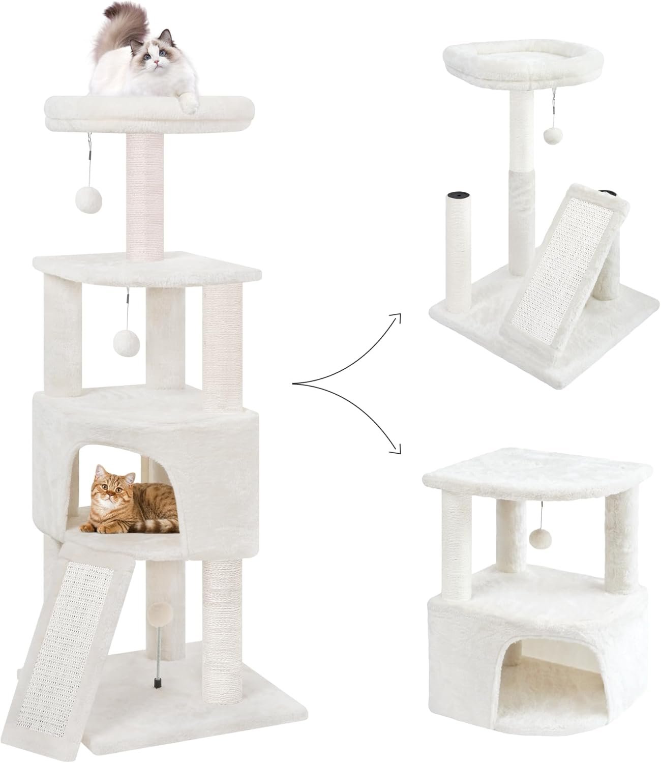 45in Cat Tree Tower with Big Condo for Indoor Kitten,Cat Tower with Scratching Post,Scratching Board and Cat Toys,Multi-Level,Small Space,Transformer Cat Tree, Beige(New)